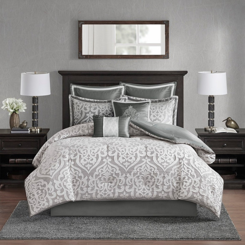 Ensemble d'édredon 8 pièces jacquard argent / très grand argent, Édredon très grand et 7 pièces supplémentaires, Argent