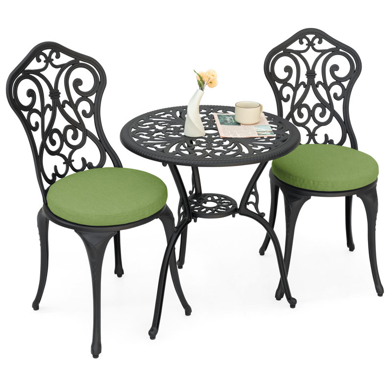 Patio 3-piece Bistro Set With Cushions, Patio Chairs And Outdoor Round Table With Umbrella Hole, Cast Aluminum Patio Set For Lawn, Garden, Porch, Poolside