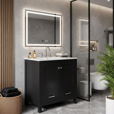 Armoire de salle de bain autoportante verte avec plateau en céramique, organisateur de porte et tiroir de séparation