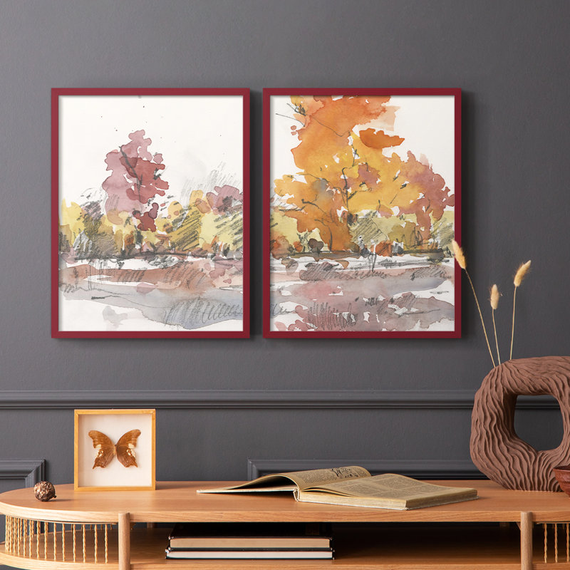 «Watercolor Treeline S croquis I», reproduction encadrée de qualité supérieure - prête à être accrochée - aucun clou requis - aucun clou requis