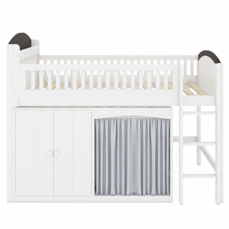 Lit mezzanine compact avec armoire de rangement, garde-robe et lumières DEL, White+Espresso