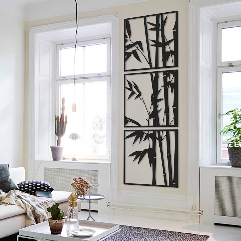 Ensemble d'art mural en métal avec arbre en bambou - 3 pièces, H 28 po x l 28 po x P 1 po
