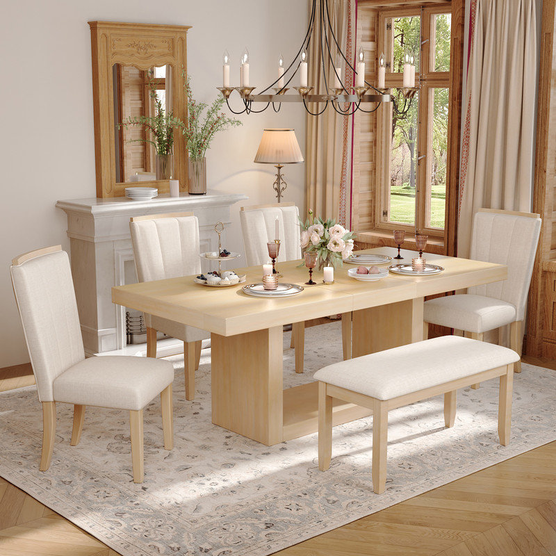 6 - Person Extendable Dining Set, Natural, Beige