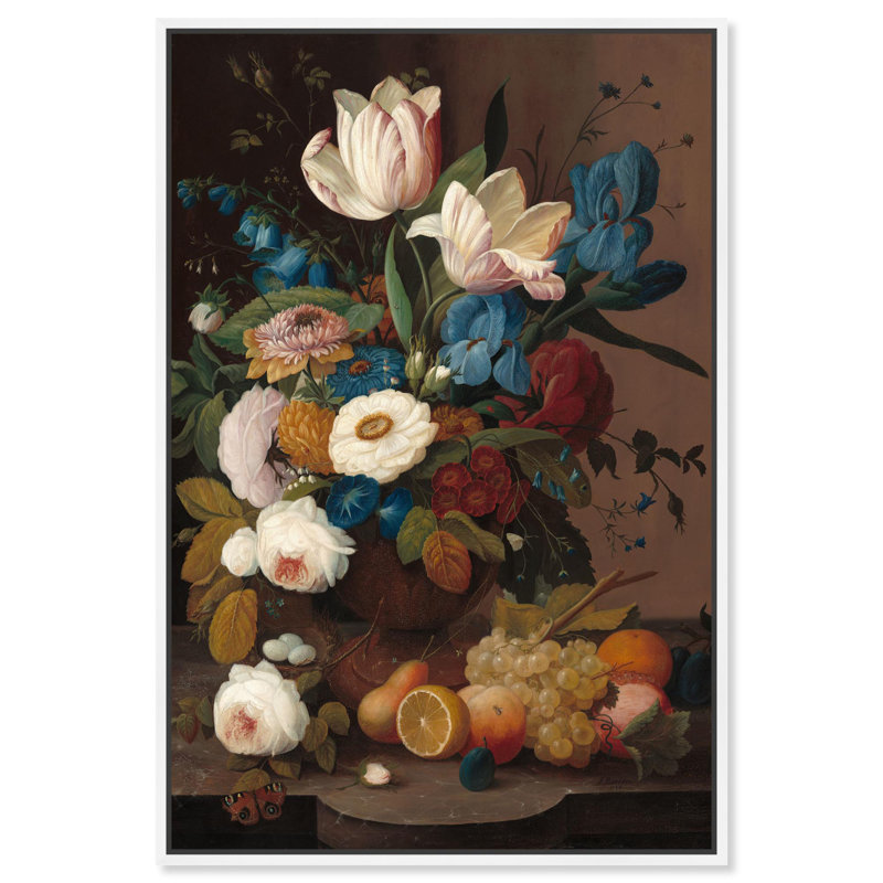 Art, art floral, nature morte, toile, fleurs, 1848, Cadre flottant blanc, H 16 po x l 11 po
