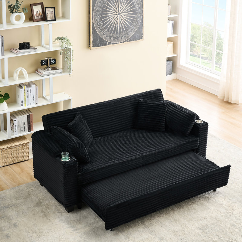 Lit multifonctionnel en velours côtelé noir de 80 pouces avec porte-gobelet - s'adapte aux styles de vie contemporains et réconforte les utilisateurs de 80 po dans les petits espaces