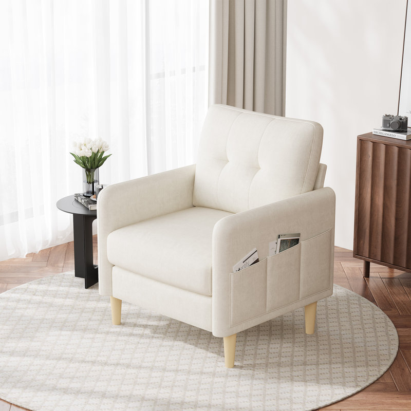 Fauteuil capitonné moderne en chenille avec poches de rangement l 31 po George, Beige