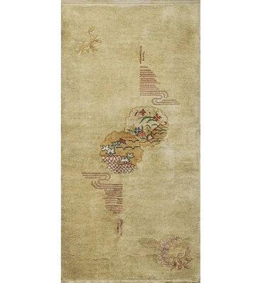 Small Light Ivory Color Scenic Chinese Art Deco Scatter Size Wool Pile Area Rug
