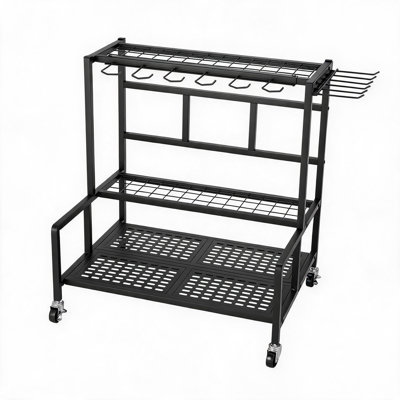 Support de rangement robuste pour outils de jardin, en acier, avec crochets pour outils à long manche, idéal pour garage et rangement, motif sable noir.