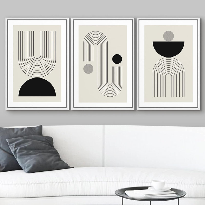 «Boho noir et gris demi-cercle et dessin au trait, motifs abstraits, art moderne bohémien chic», 3 pièces, Naturel