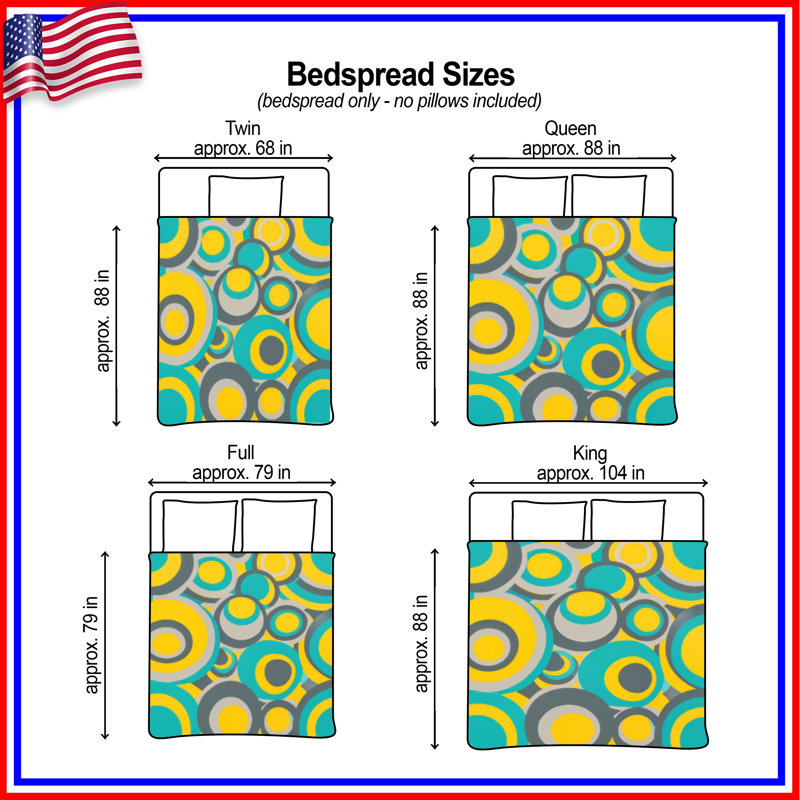 Circular Overlapping Shapes Quilted Thin Bedspread, Twin, Bright Yellow and Teal