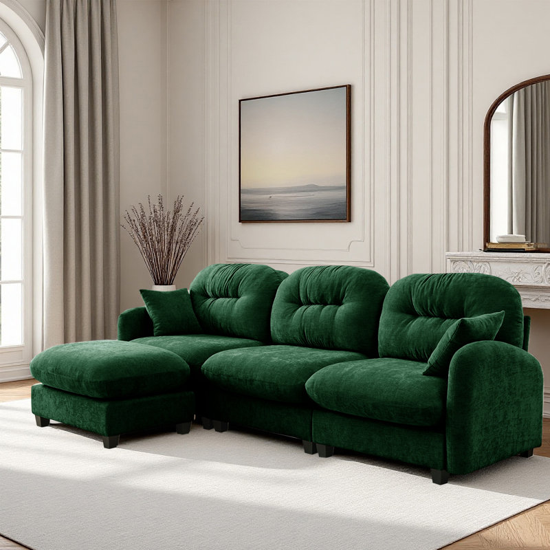 Sectional L Shaped Couch With Ottoman, Chenille Sofa, Green Chenille