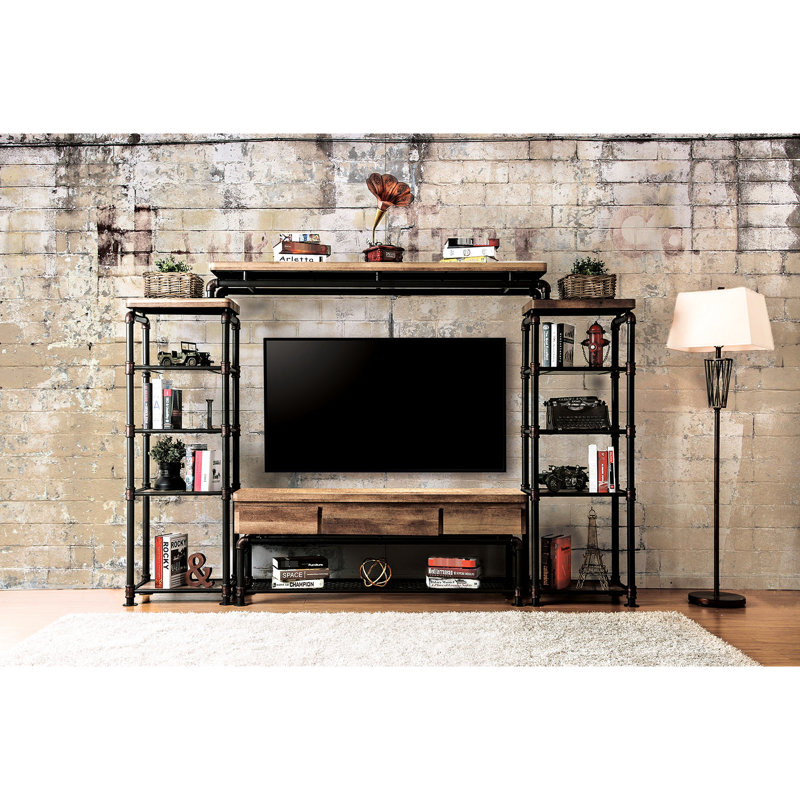 Console de télévision avec tuyau industriel - Métal et bois inspirés, 68,21 po de profondeur, 13,66 de largeur, assemblage simple de largeur, 7,63 de hauteur,