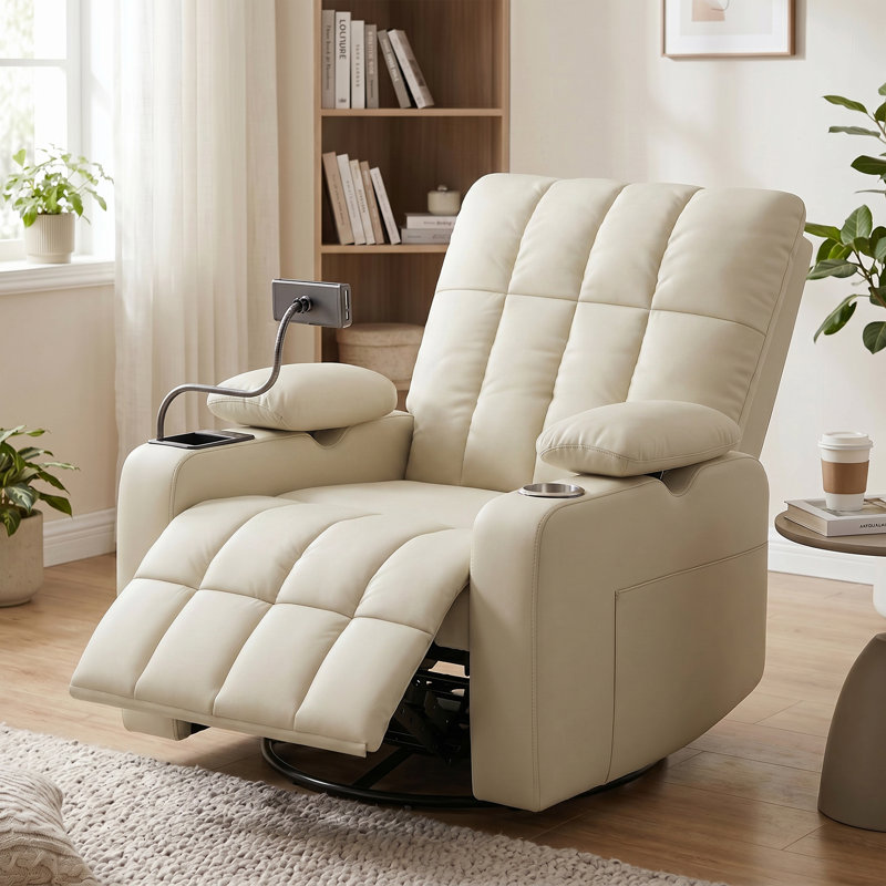 34"W Power Swivel Rocking Recliner with Adjustable Armrests & Phone Holder, Beige