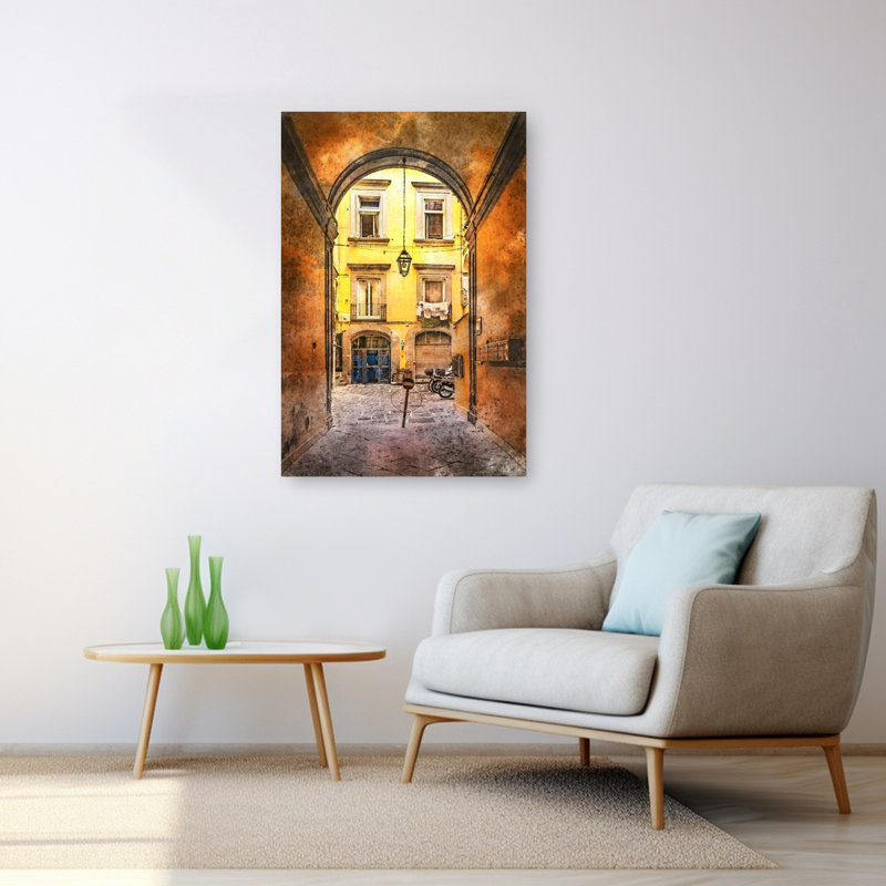 «Vibrant European Courtyard», art mural rétro, 48" H x 32" W