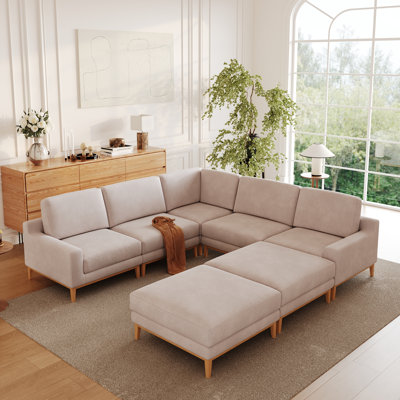 7-Piece Multi-Shape Upholstered Slipcovered Modular Sectional Sofa With Ottoman