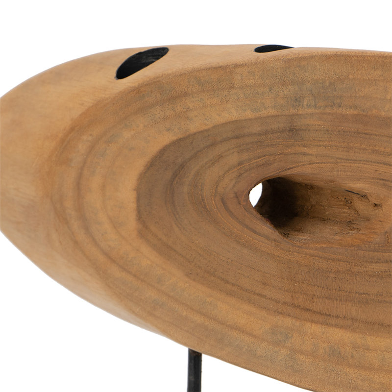 Sculpture ovale abstraite Upin sur base, bois brun, métal noir, 16 po