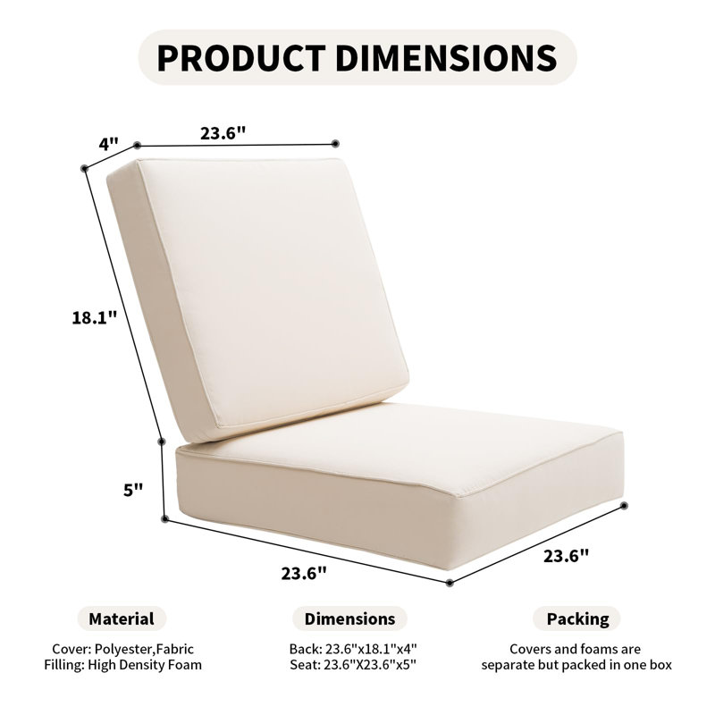 Outdoor Seat Cushion Set Deep Seating Patio Cushion Set Thick Cushions 5",Creamy White, 23.6" W x 23.6" D