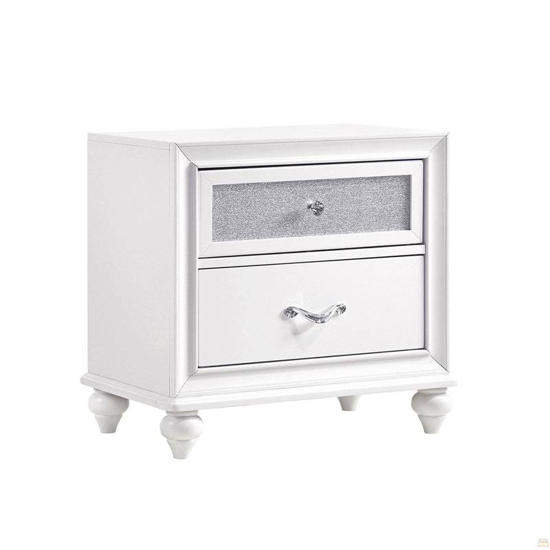 Table de chevet 2 tiroirs avec détails en cristal acrylique, blanc