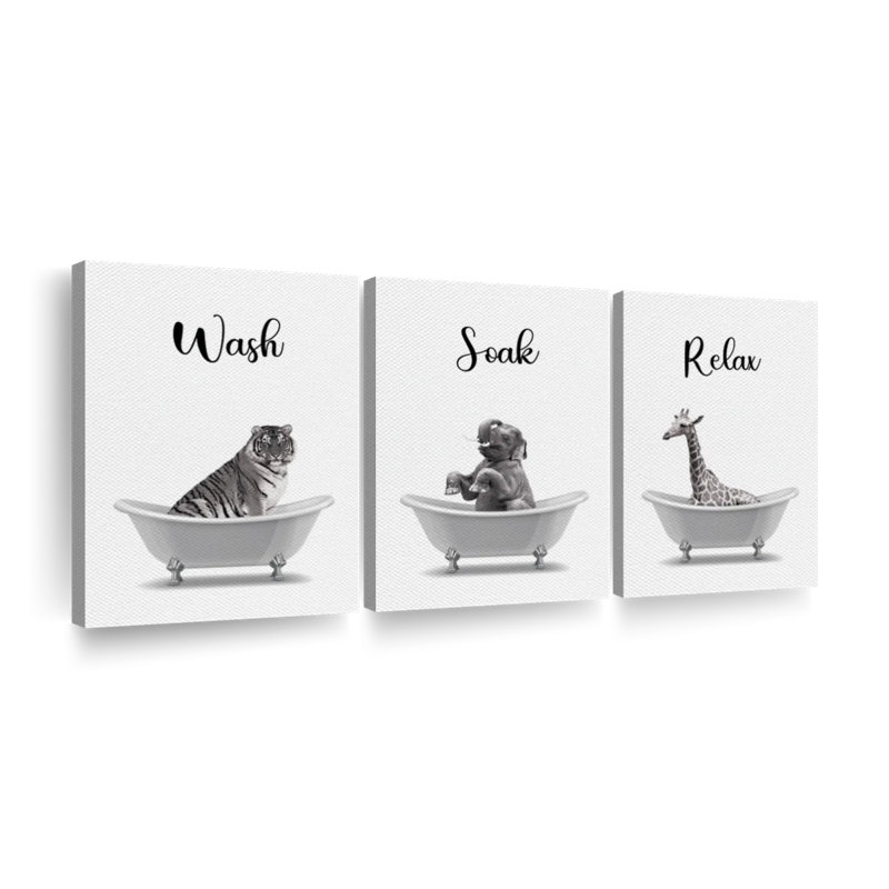 " Bathtub Animals Wash Soak Relax Multi Piece Canvas Print " 3 - Pieces, 15" H x 32" W x 1.25" D