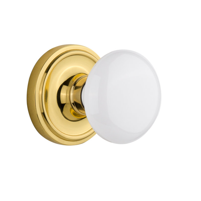 Classic Rosette with White Porcelain Door Knob, 2-3/4”, Polished Brass