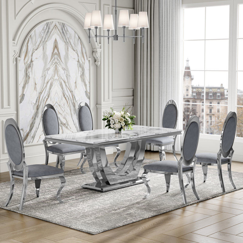 7-Piece Dining Table Set, Marble-Print MDF Table with Velvet & PU Dining Chairs, Stainless Steel Base – Seats 6, Gray/Silver