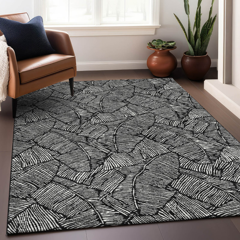 Premium Machine Washable Prisco Black Rug, Rectangle 10' x 14'