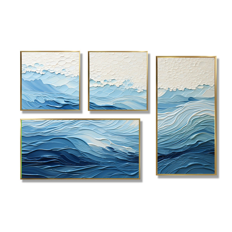 Vagues modernes bleues et blanches de la côte I - décoration murale nautique bleue 4 pièces, Doré