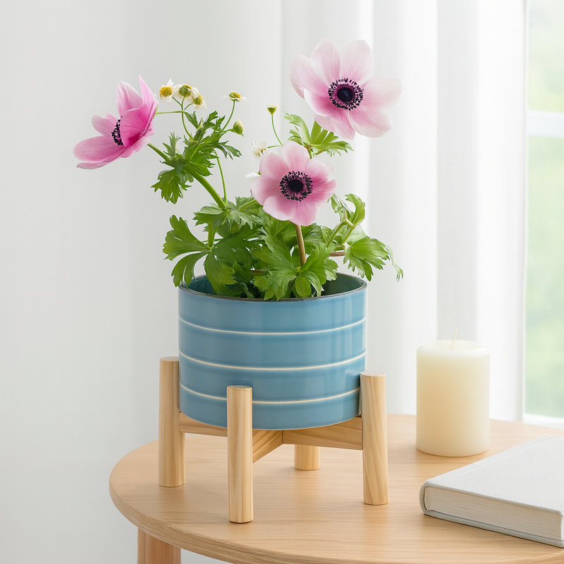 Glossy Ceramic Outdoor Planter on Stand for Indoor Home Decor - Modern Contemporary Flower Pot for Living Room or Patio - Sky Blue