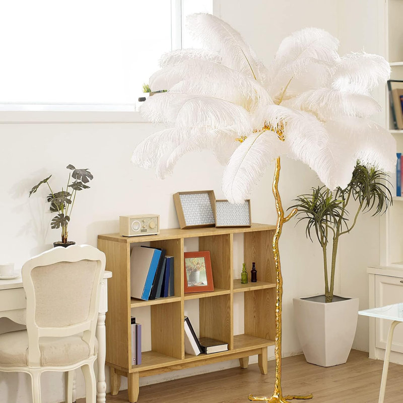Modern LED Dimmable Floor Lamp With Natural Ostrich Feather Shade, Adjustable Standing Lamp For Living Room, Bedroom, Office, And Dining Room
