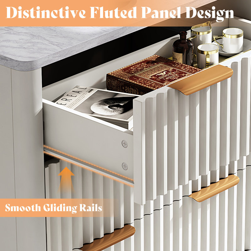 Gerius Fluted 6 Drawers Dresser, White, White