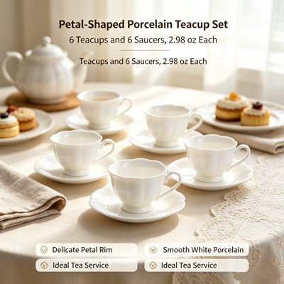 Tasse à thé en porcelaine en forme de pétale 2,98 oz avec soucoupe assortie (blanc)