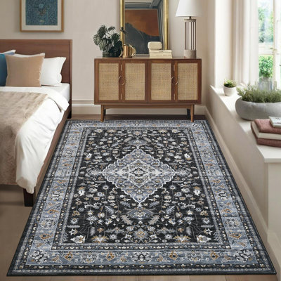Lavable tapis 9 x 12 tapis de salon tapis de chambre à coucher tapis ultra jeté rétro délavé élégant décor décoratif pour salle à manger chambre de bébé fille noir