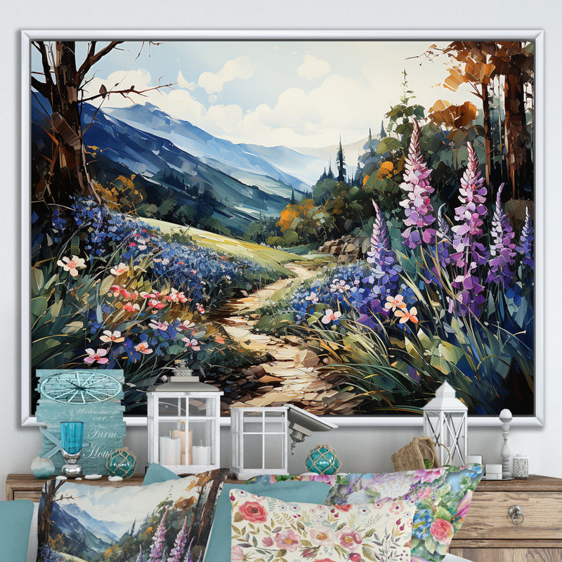 «Blue Bonnets Mountain Landscape» sur toile, Cadre flottant blanc, H 24 po x l 32 po x P 1 po