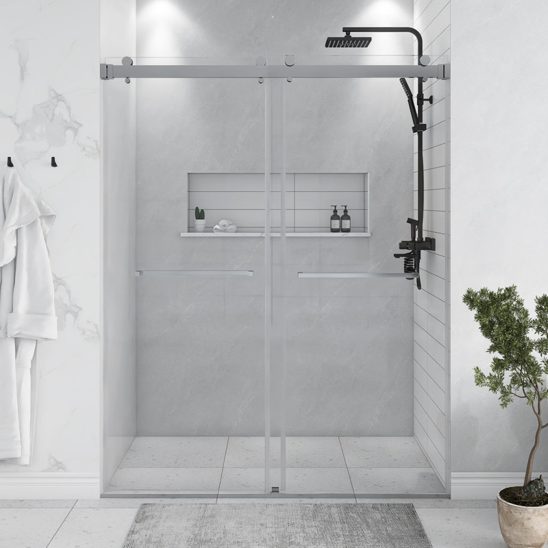 56-60 po. * 76 po. Double porte de douche coulissante sans cadre, 3/8 po (10 mm) d'épaisseur, porte en verre trempé de style GCCG, chrome