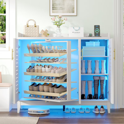 47.3" W 5-Tier Shoe Cabinet With 360°Rotating Shoe Rack And Human Sensor Light, Freestanding Shoe Storage Cabinet With Adjustable Shelves