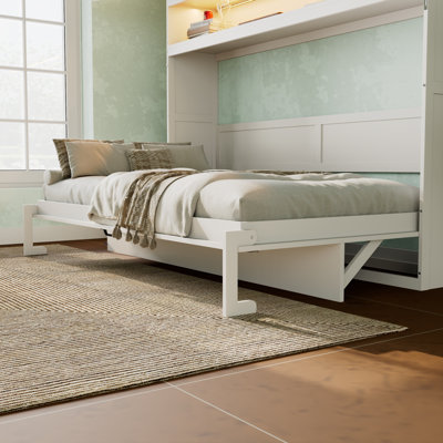 Twin Size Murphy Bed with Top Cabinet,Space Saving Foldable Bed with Light & USB,White