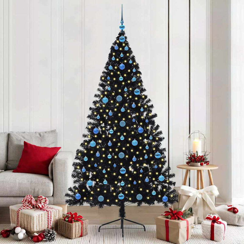 6.89' H Lighted Artificial Christmas Tree, Black, 210 cm, with 120 Blue Balls