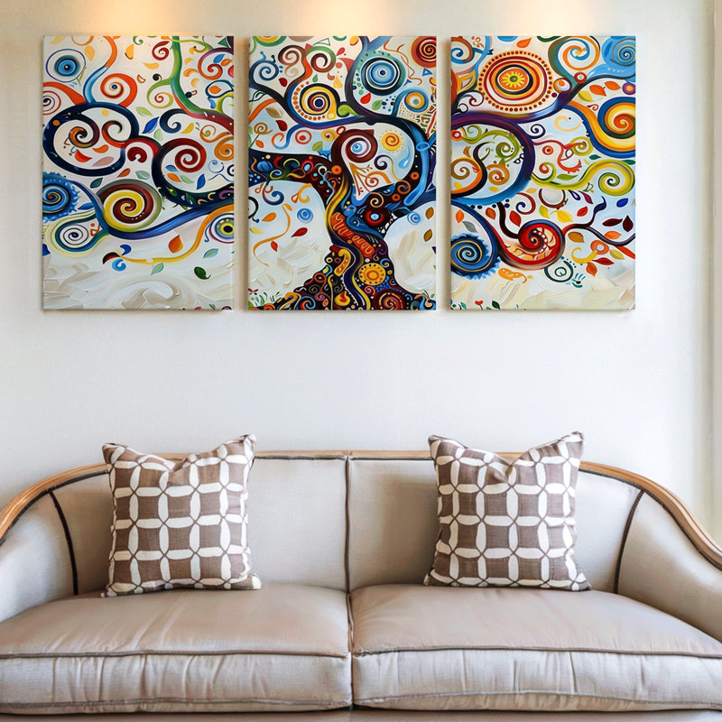 Ensemble de 3 pièces d'art abstrait arbre vibrant avec des motifs tourbillonnants et des couleurs vives, trois pièces d'art mural pour le salon, la chambre à coucher et le bureau