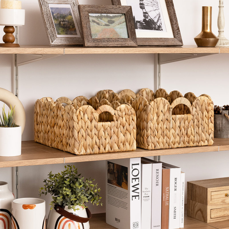 Scalloped Edge Wicker Storage Basket, Hand Woven Basket with Handles for Décor, Shelves, Pantry