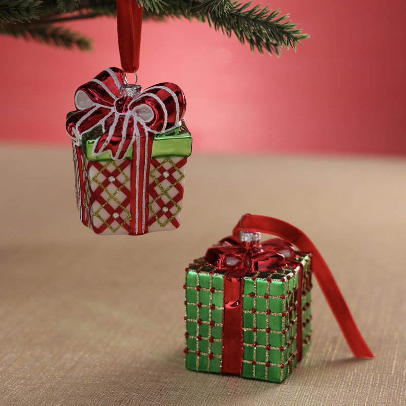 Boîte-cadeau de Noël en verre, décorations pour sapin, 2 modèles assortis, ensemble de 12