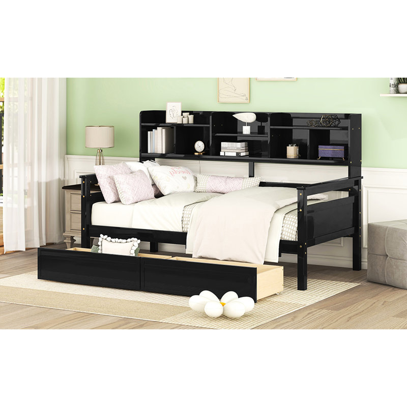 Twin Size Daybed In , With Solid Wood Slats And Functional Storage For Your Home Frame, Bedside Shelves, Two Drawer Compartments