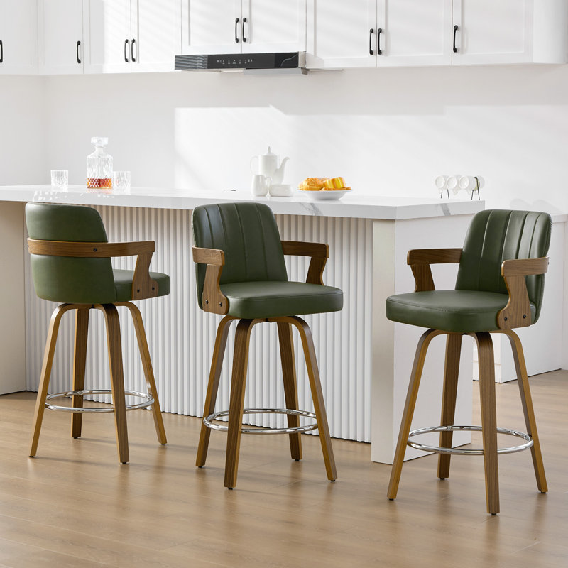 Upholstered Swivel Counter & Bar Stool with Armrest (Set of 3), Counter Stool (26" Seat Height), Dark Green