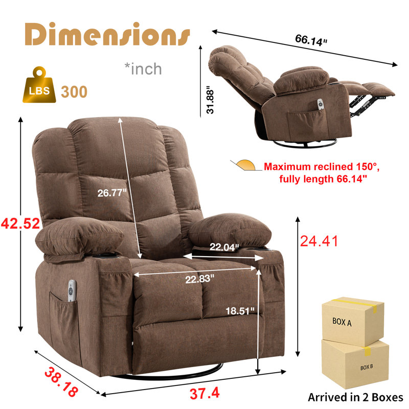 Betzabe 37.4" W Massage Heater Recliner, 360° Swivel, 30° Rocker, Cup Holders, USB Port, Brown Polyester