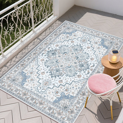 Bohemian Rug, Washable Rugs Indoor, Soft Low Pile Boho Area Rug For Living Room, Dining Room, 4x6 Non Slip Decorative Rug for Bedroom, Blue Performance Rug for Home Decor, Ideal For High Traffic Areas