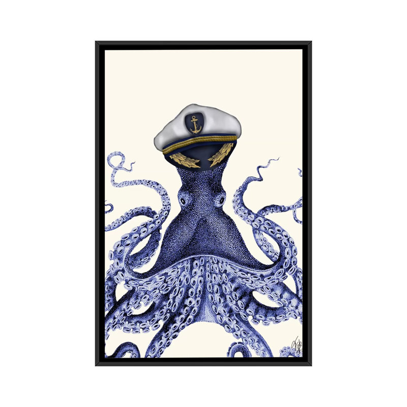 « capitaine octopus », impression sur toile tendue, H 26 po x l 18 po x P 1,5 po, Toile avec cadre noir, Pas de tapis