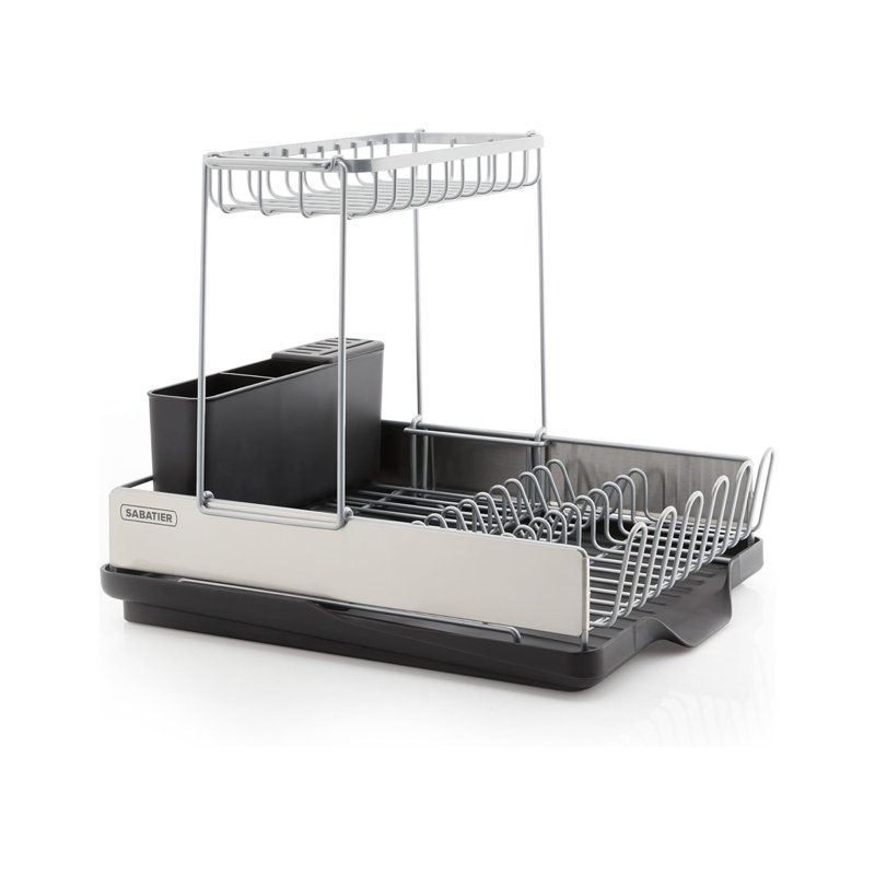 Utensil Caddy Compact Dish Drying Rack  With Second Tier, Rust Resistant Wires And Angled Drain Board To Dry Plates, Bowls, Cups And Flatware,Silver And Black,16.8In D X 13In W X 14.2In H