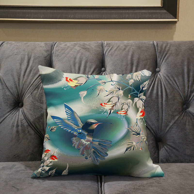 Curious Humming Bird Outdoor Reversible Throw Pillow, 16" x 16", Turquoise/Blue