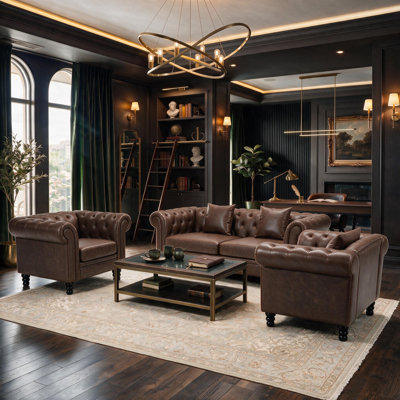 Fynlie 3-Piece Tufted Faux Leather Chesterfield Sofa Couch Accent Chair Living Room Furniture Set
