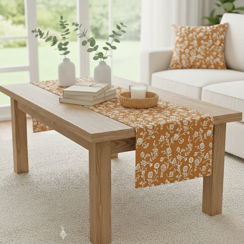 Floral Dining Table Runner Botanical Flower Design Vintage Style Dresser Scarf, Coffee Table Runner , 48" L x 14" W
