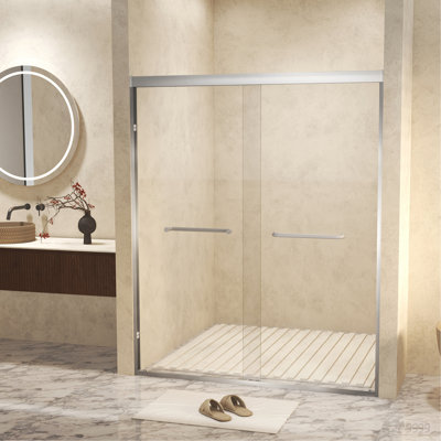 56-60 " x 72" Tempered Glass with Explosion Proof Film, Aluminum Frame Double Sliding Shower Door, "1/4 (6 mm), Stainless Steel handle,Brushed Nickel